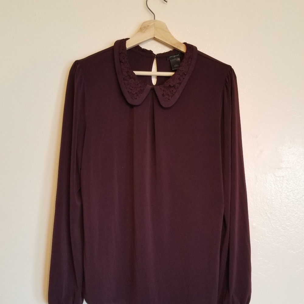 Ann Taylor Burgendy Lace Collared Blouse Medium